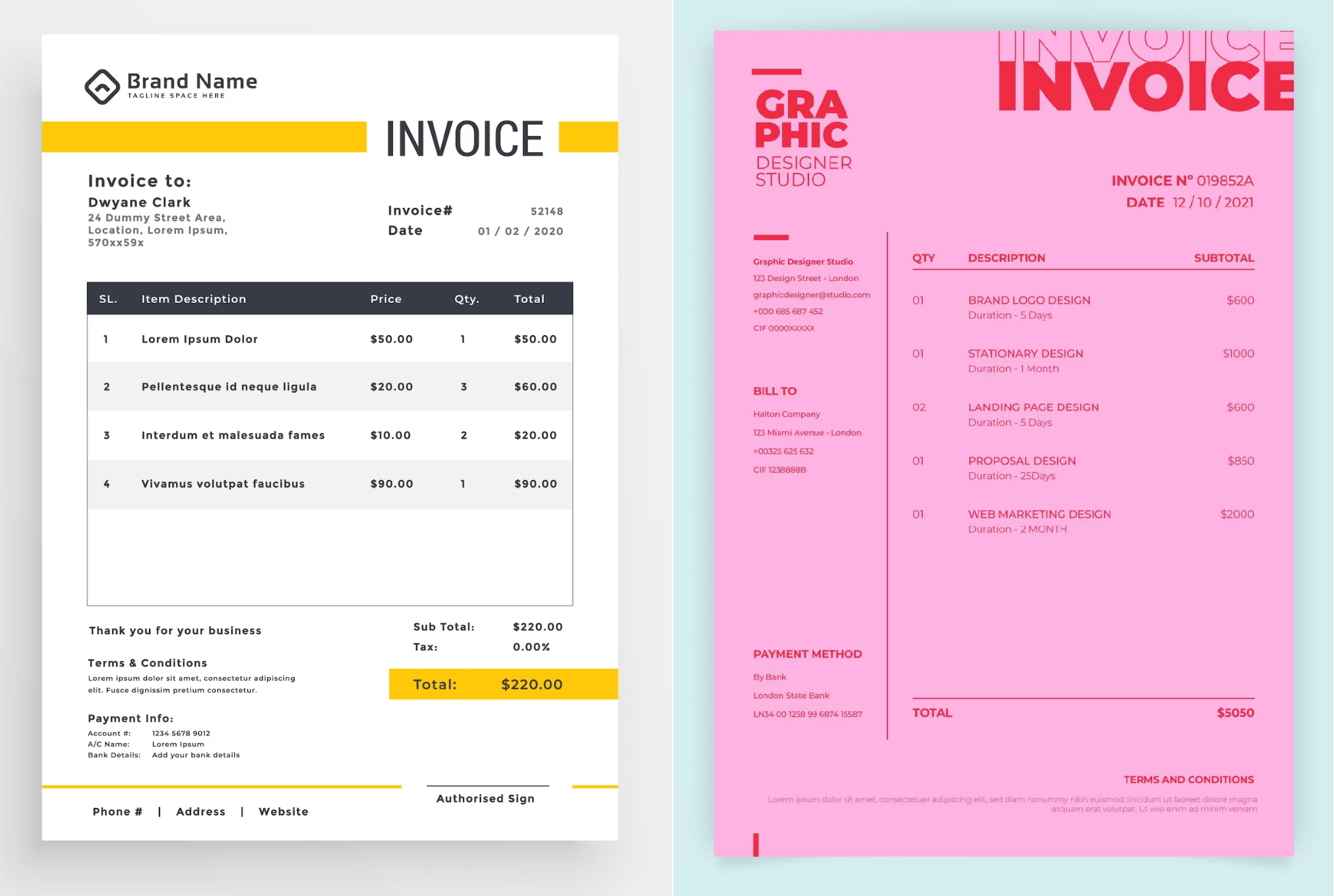 Invoice Designs Comparison Example